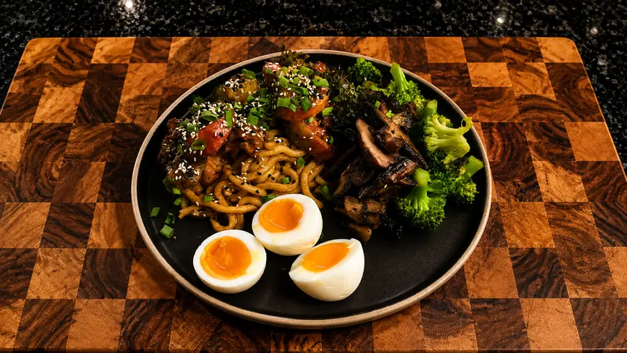 Sticky Miso Ginger Chicken with Garlic Sesame Udon