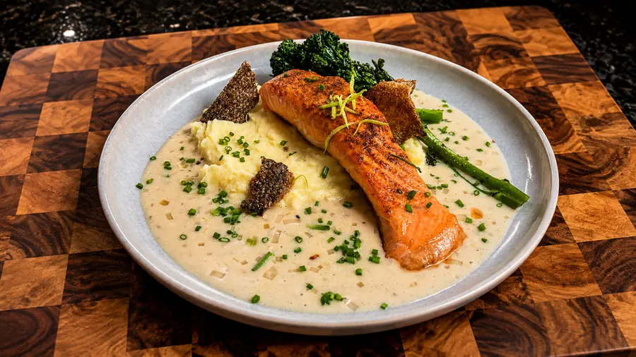 Salmon with Kaffir Lime Infused Coconut Cream Sauce